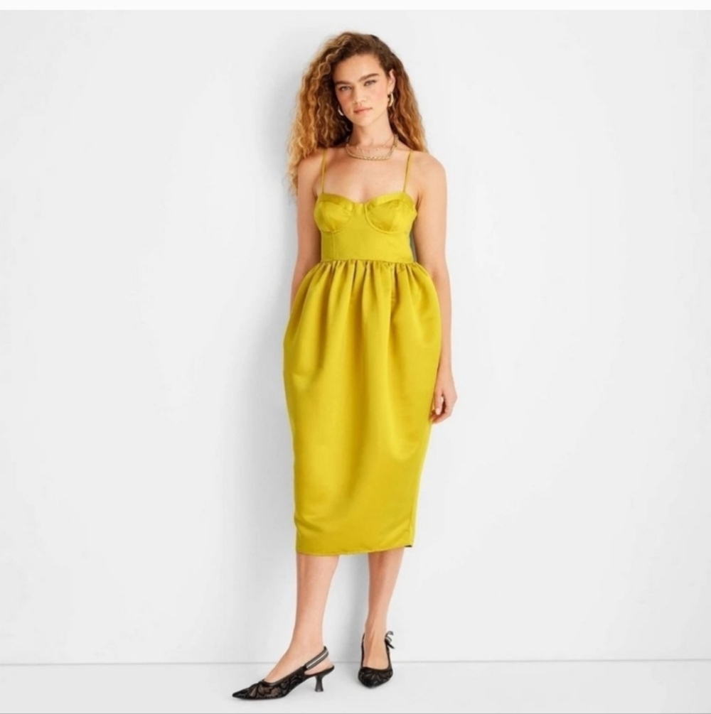 Women's Holiday Sweetheart Bubble Satin Midi Dress - Future Collective Yellow M